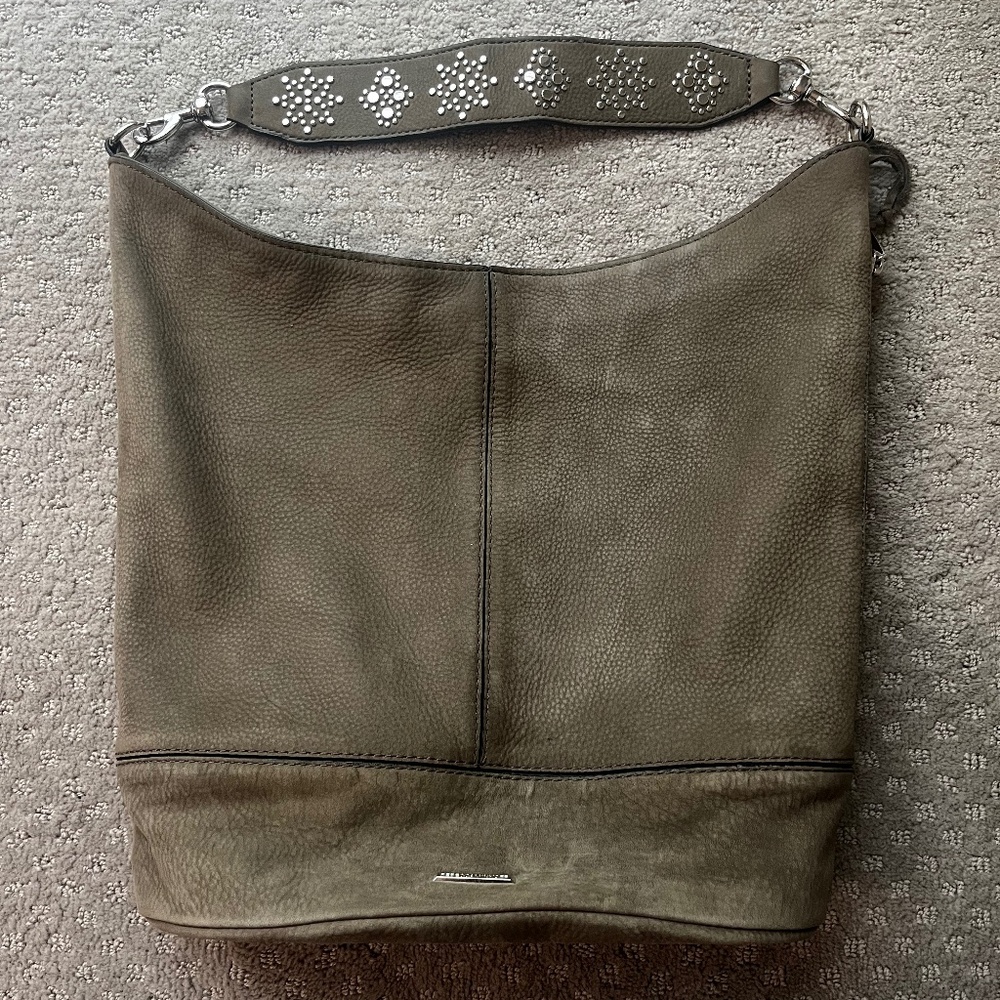 Rebecca Minkoff Olive Suede bucket bag with silver studded shoulder strap